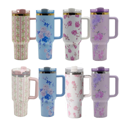 40oz Gold Plated Love Shack Fancy H2.0 Flower Quencher Tumblers with Removable Handle and Straw_ miki