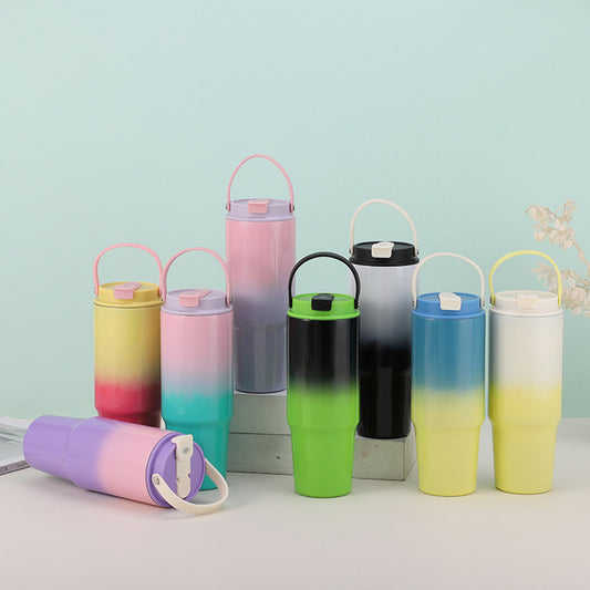 Starbucks Style 30oz Ombre Colored Vacuum Insulated Water Bottles with Flip Straw and Top Handle_ miki